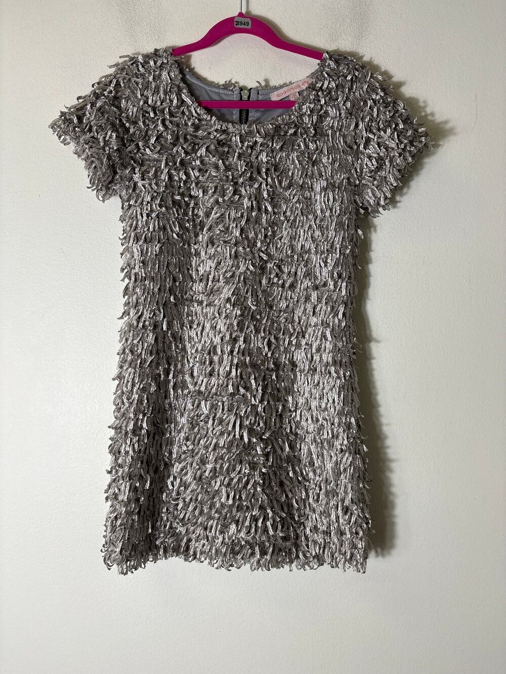 Girls Appaman Short Sleeve Silver Feathered/Fringe Sheath Dress Sz 8